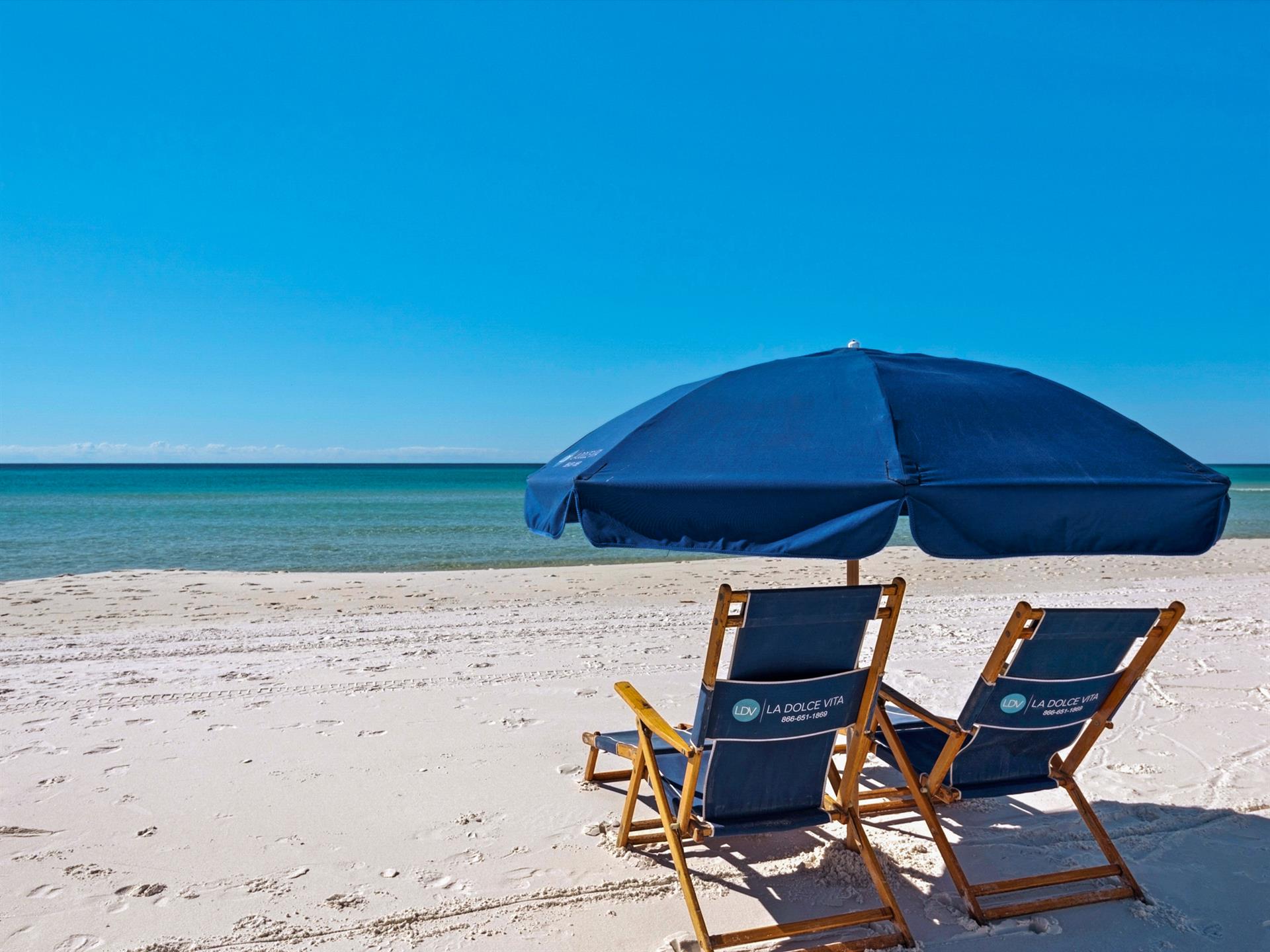 FREE Seasonally Provided 2 Beach Chairs and 1 Umbrella