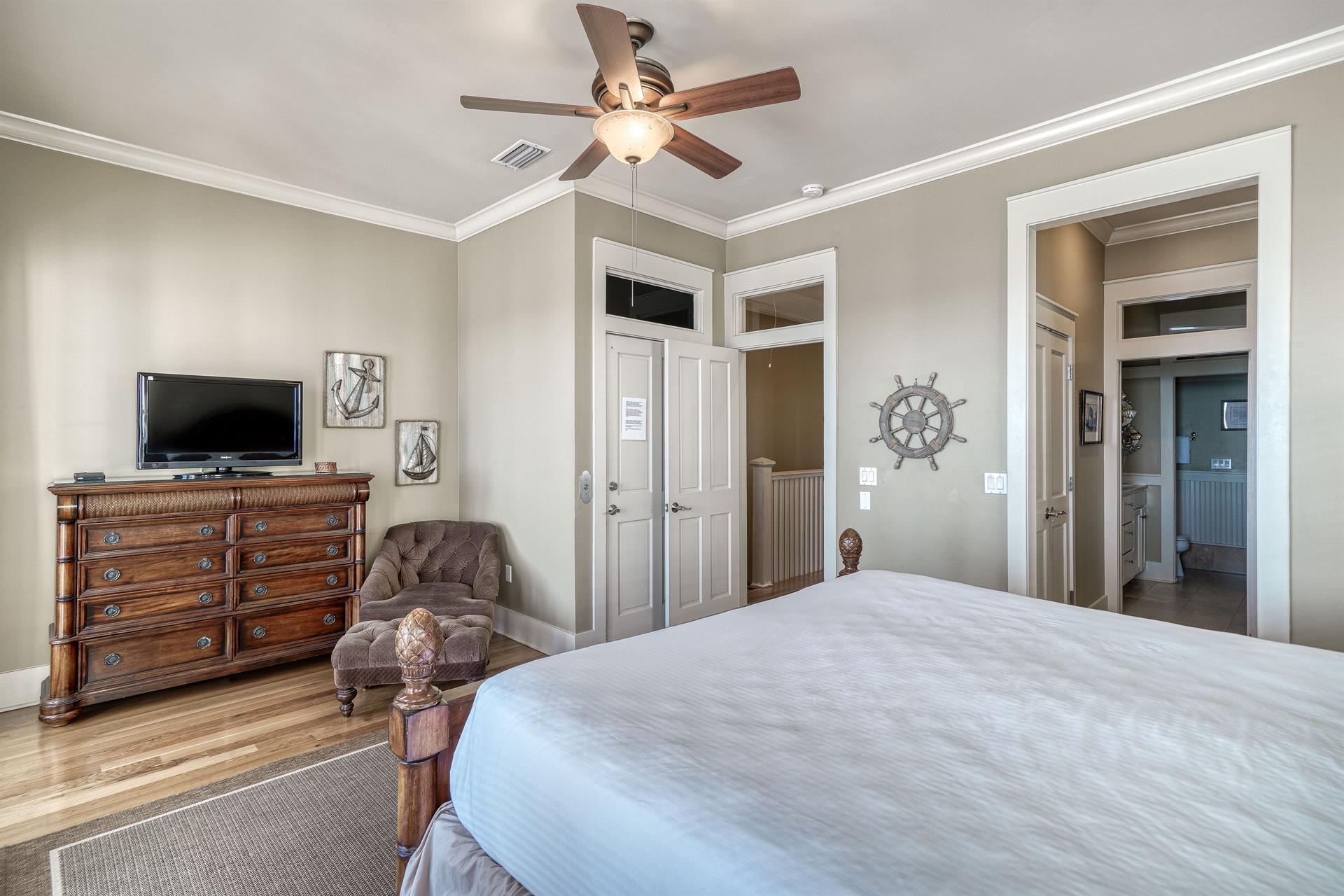 3rd Floor King Primary Bedroom, Ensuite Bathroom, TV  Private Covered Beachfront Balcony with Seating