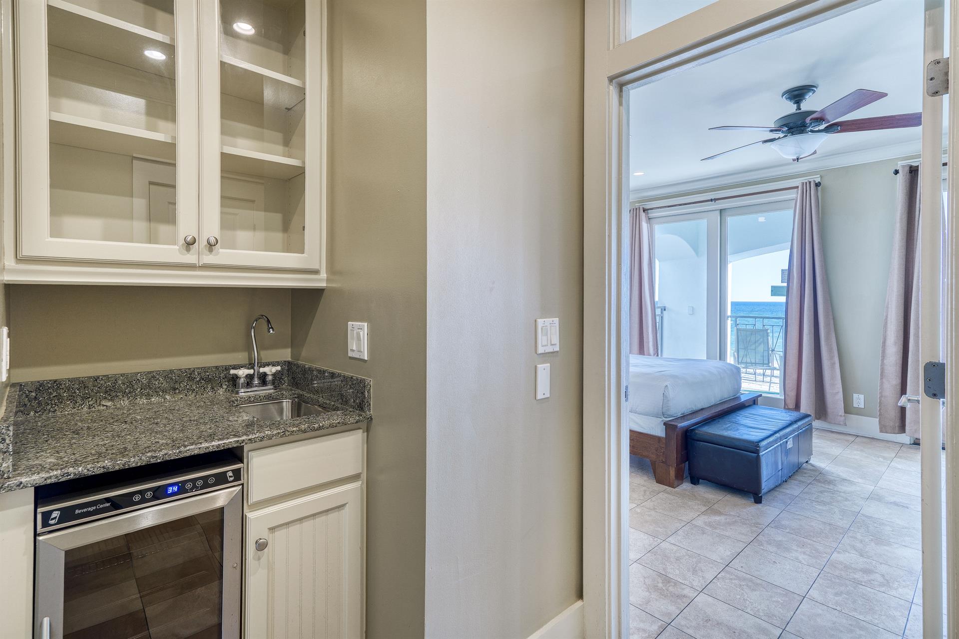 1st Floor Hallway Wet Bar with Beverage Cooler  Keurig Coffeemaker Conveniently Located Between the Beachfront King Bedroom and the Bunk Bedroom