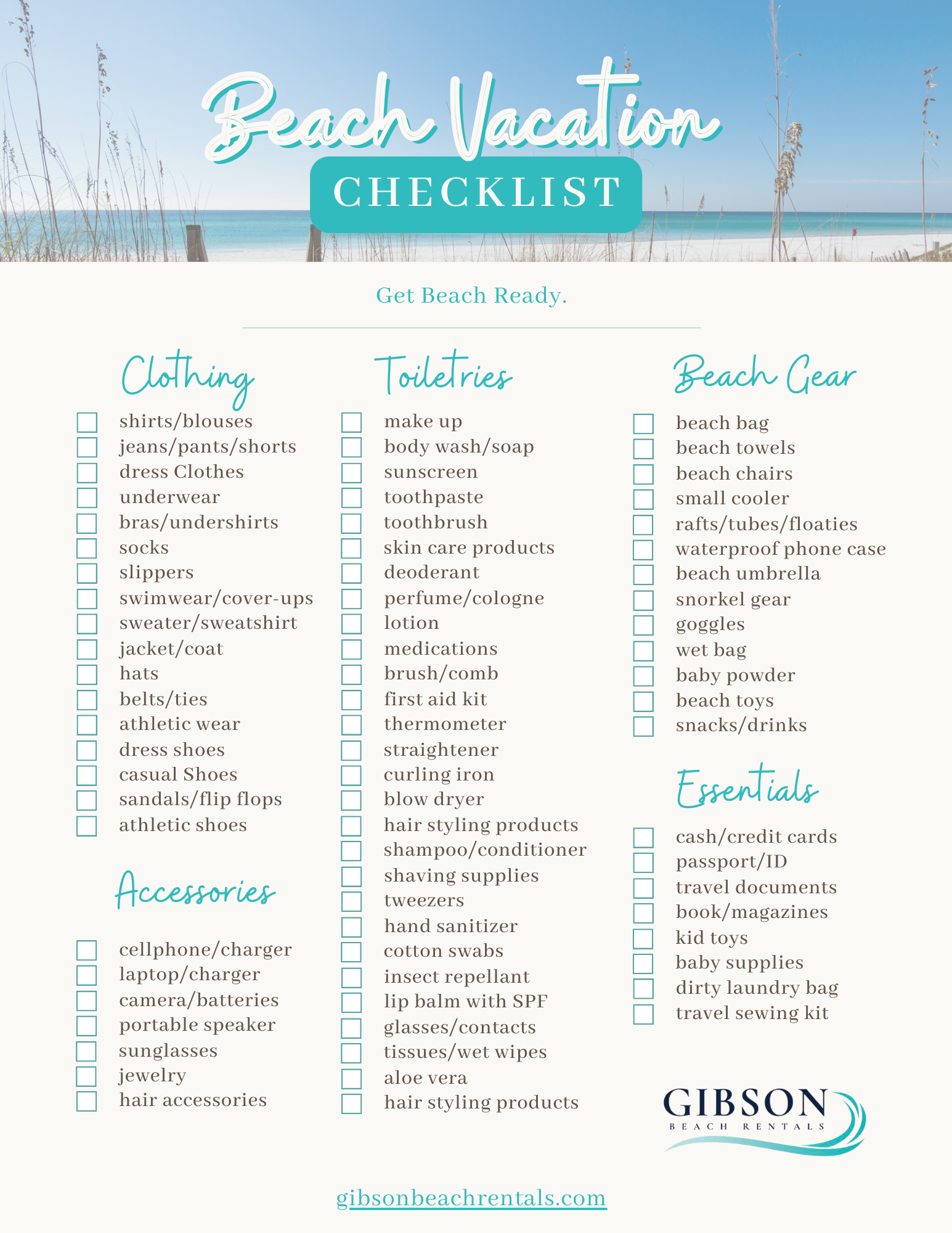 Beach Ready Checklist - Gibson Beach Rentals