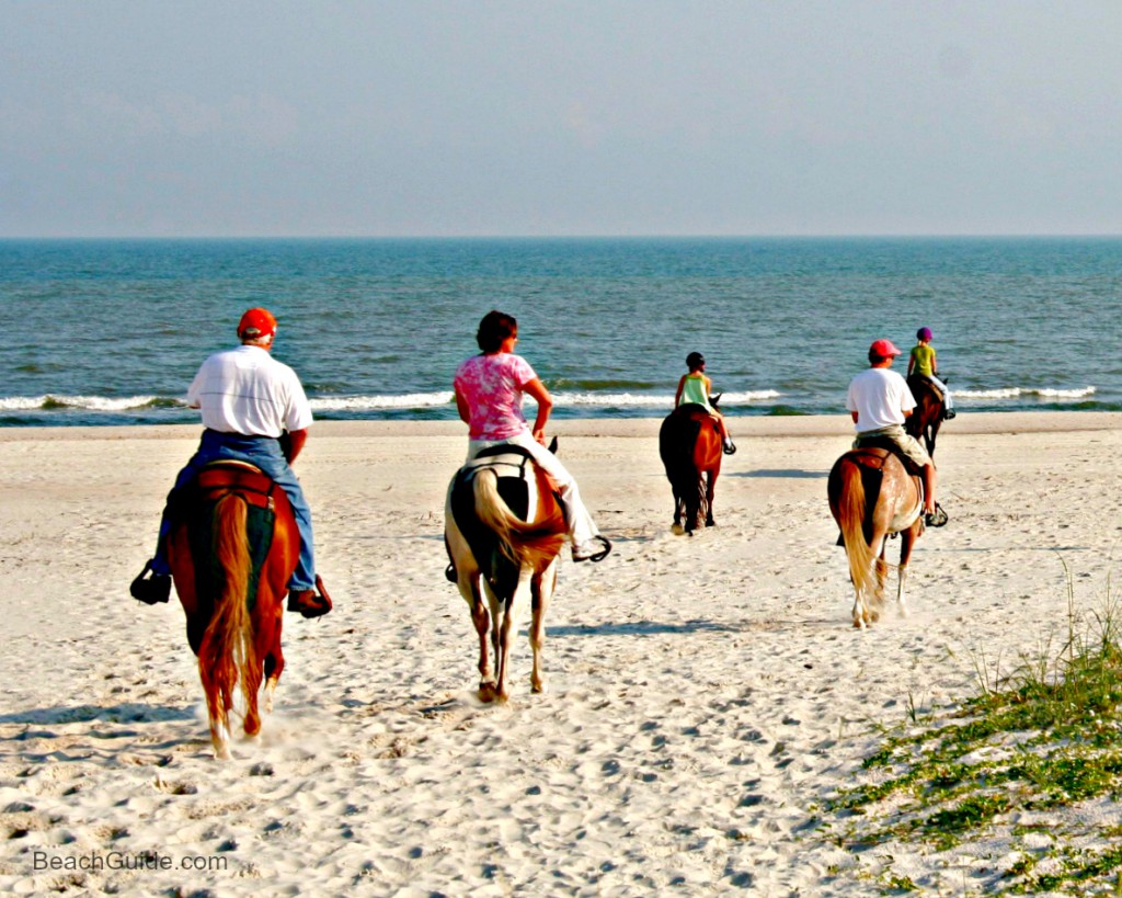 Family horseback riding on the beach in Cape San Blas, Florida