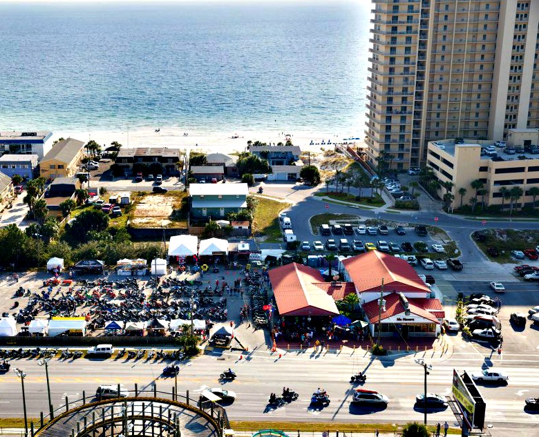 Aerial view of the Thunder Beach Motorcycle Rally in Panama City Beach, Florida