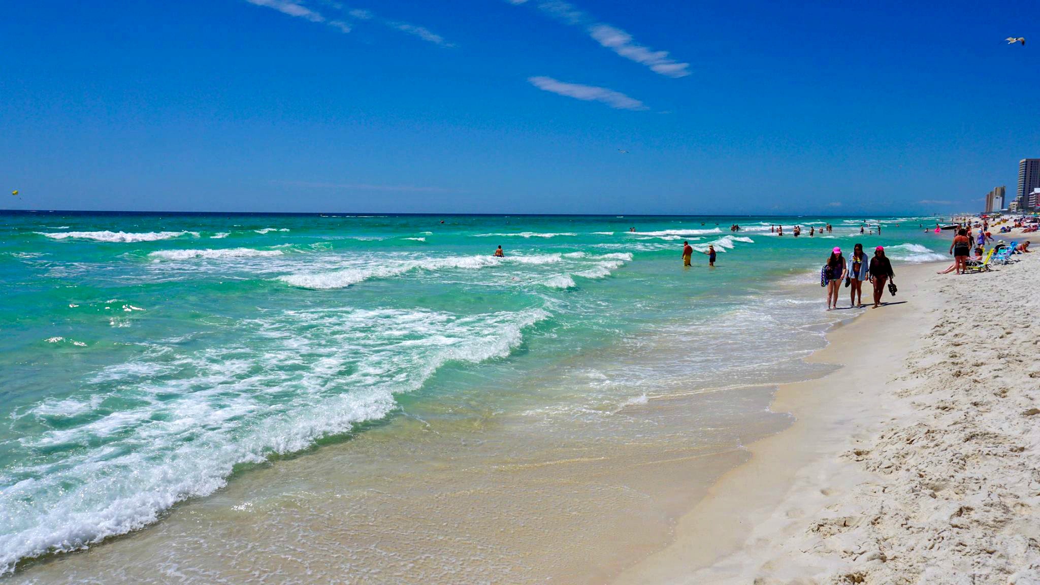 Sterling Resorts Panama City Beach scene, people strolling by the Gulf with high-rise condos in the distance