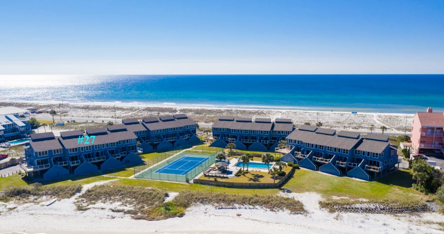 An exterior photo of San De Luna condominiums on Pensacola Beach, Florida.