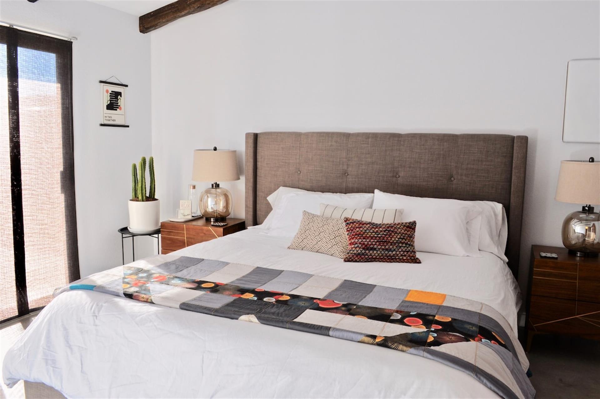Master bedroom has king bed,  private bathroom with shower and walkin closet.
