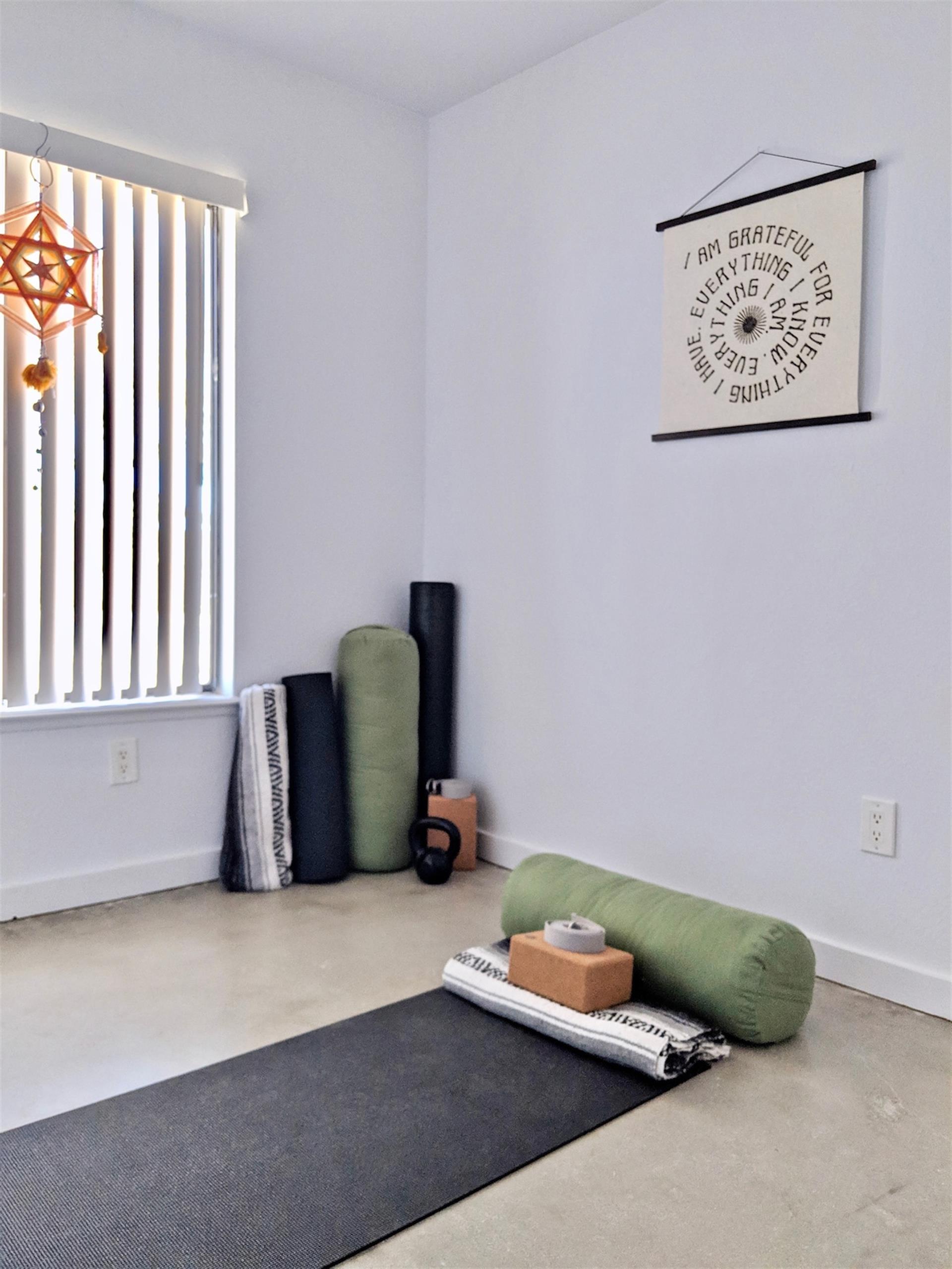 The Wellness Room has 2 of each yoga mat, bolster, yoga strap, yoga block, yoga blanket and a foam roller and 15lb kettle bell.
