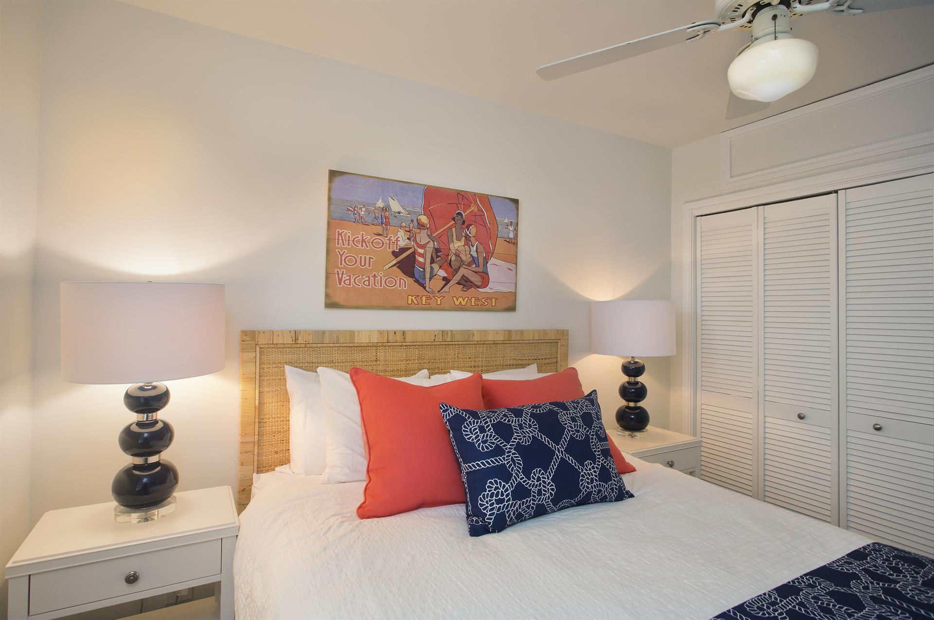 Each queen bedroom has a closet, TV, and ceiling fan.