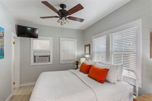Downstairs king bedroom with TV, window AC, and ceiling fan.