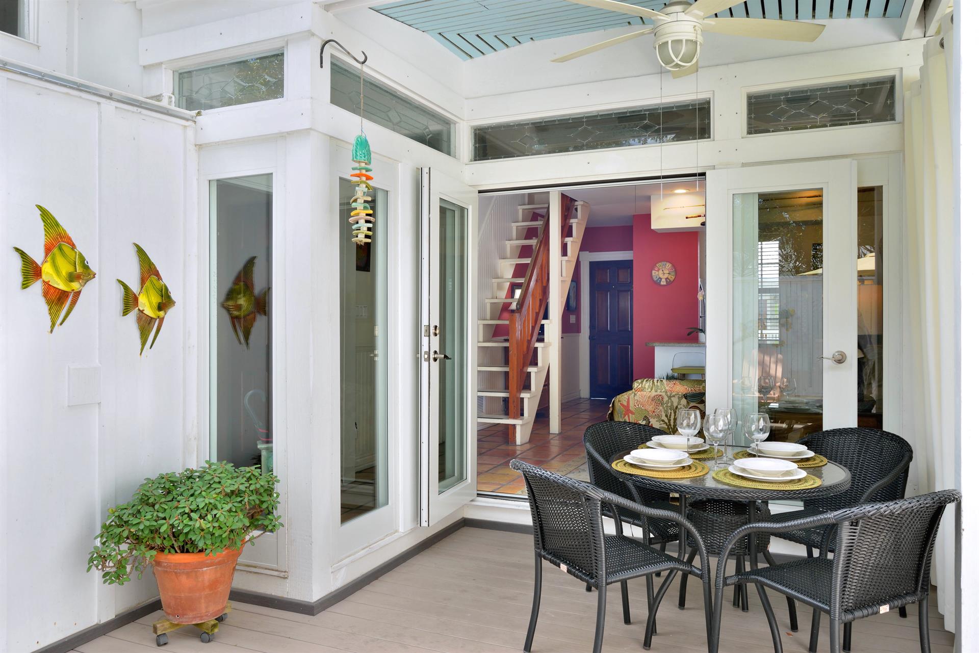 Outdoor eating area just outside the French doors.