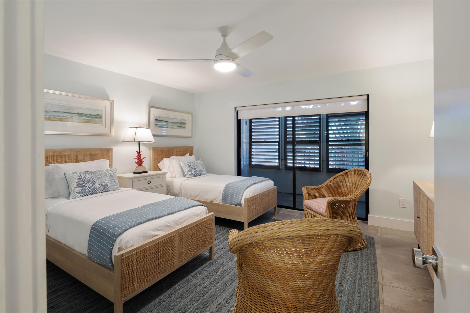 Bedside lighting and ceiling fan for your comfort.