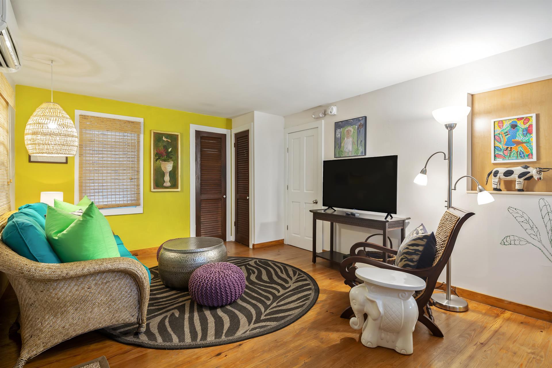 Kick back and relax in this colorful living room.