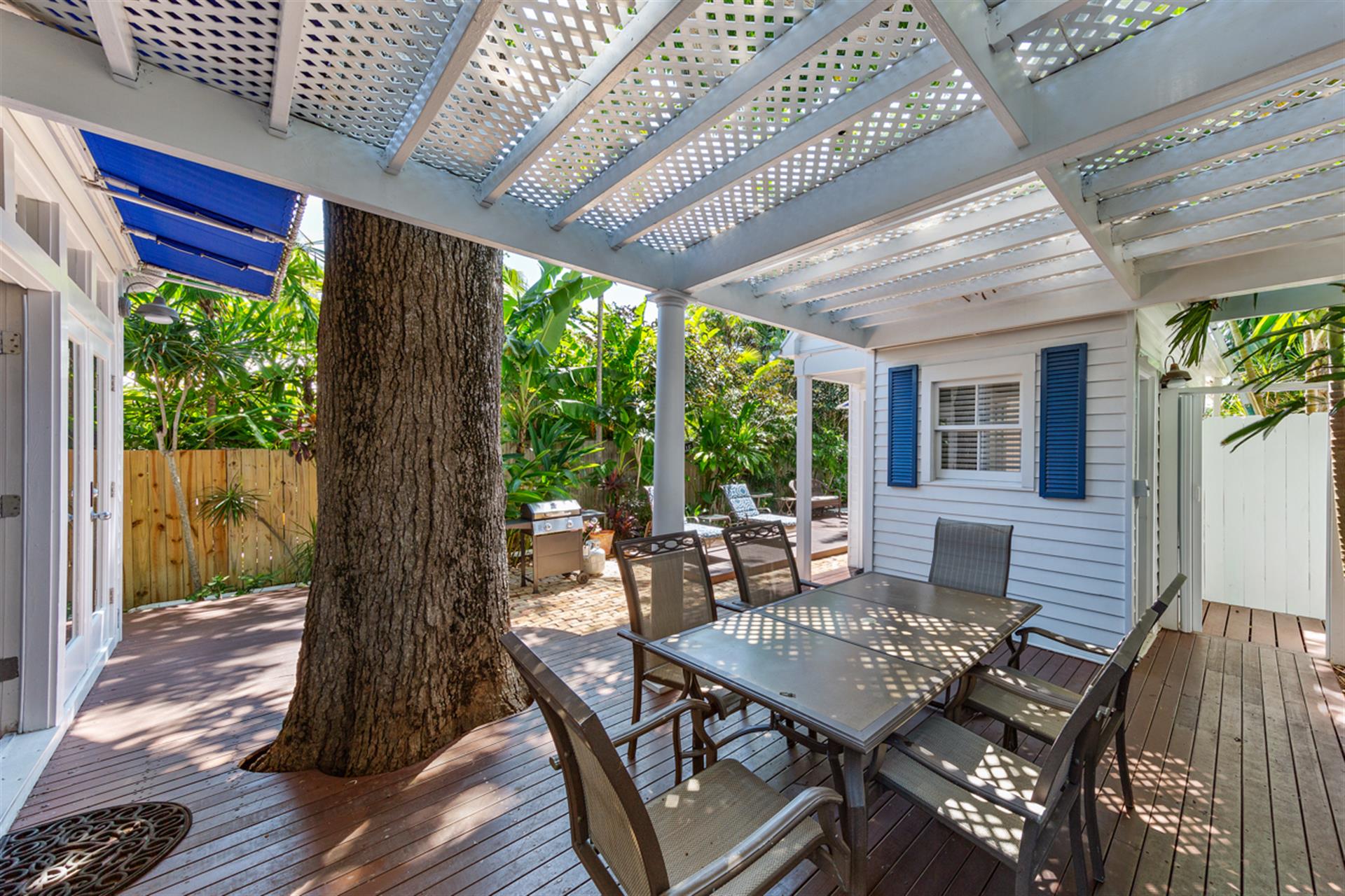 Covered outdoor eating area is perfect for entertaining.