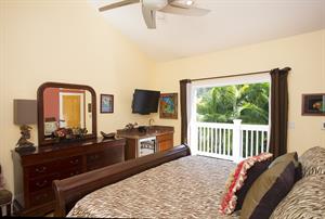 Primary king ensuite bedroom with wet bar and garden view