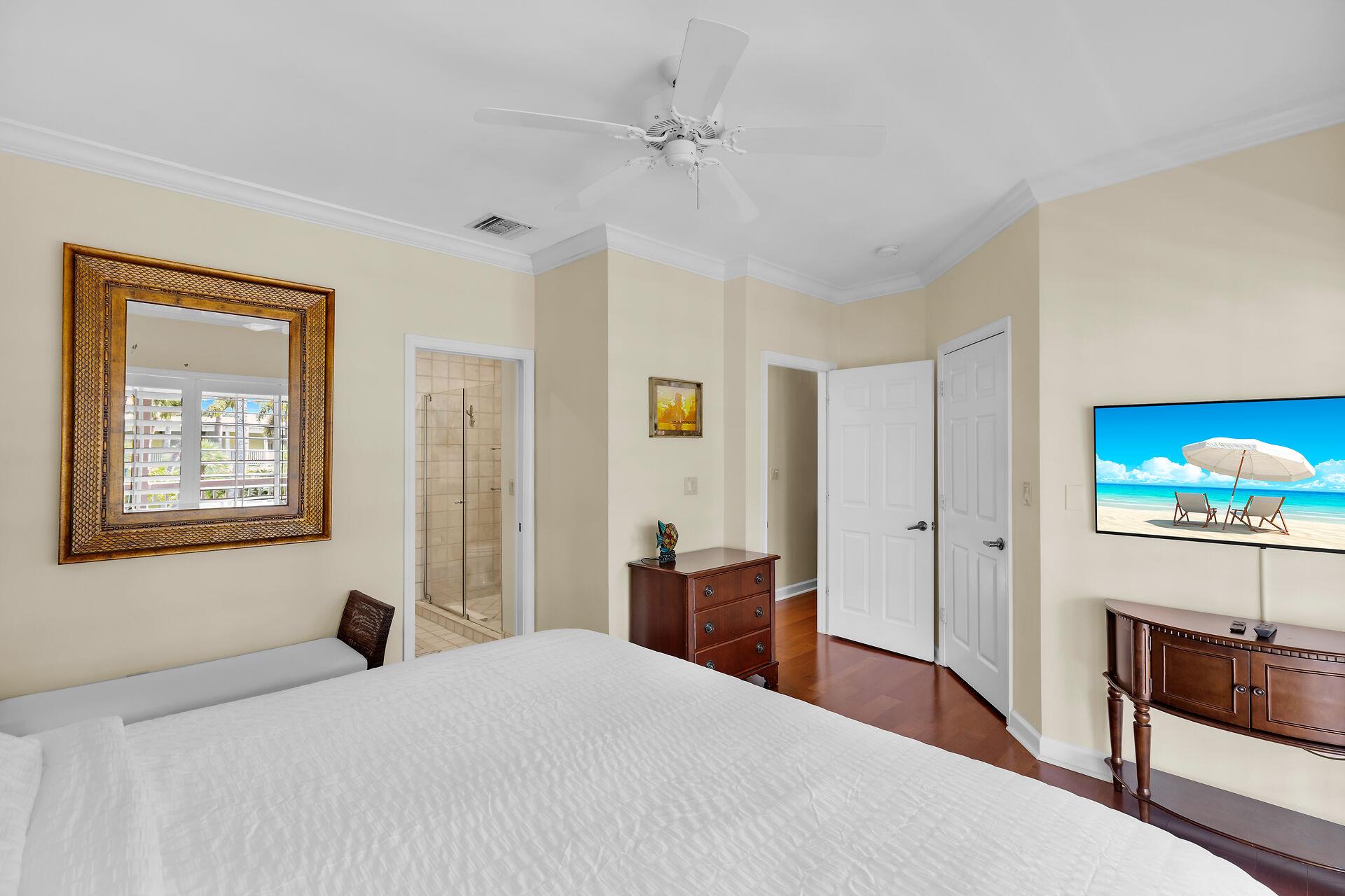 Primary suite with ceiling fan, TV and closet.