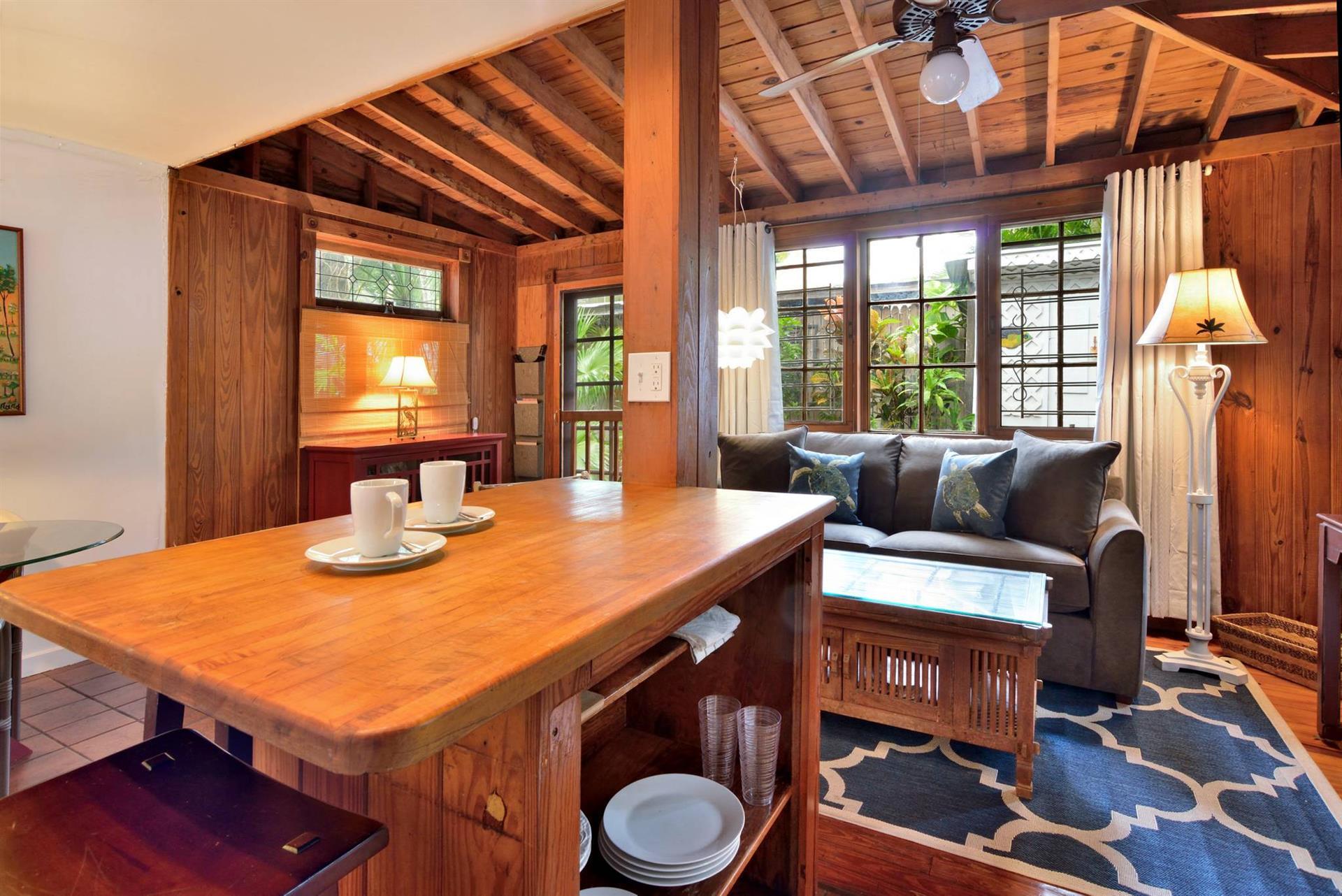 Adorned in warm wood tones.