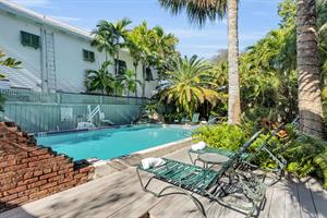 Shared pool with loungers for relaxing