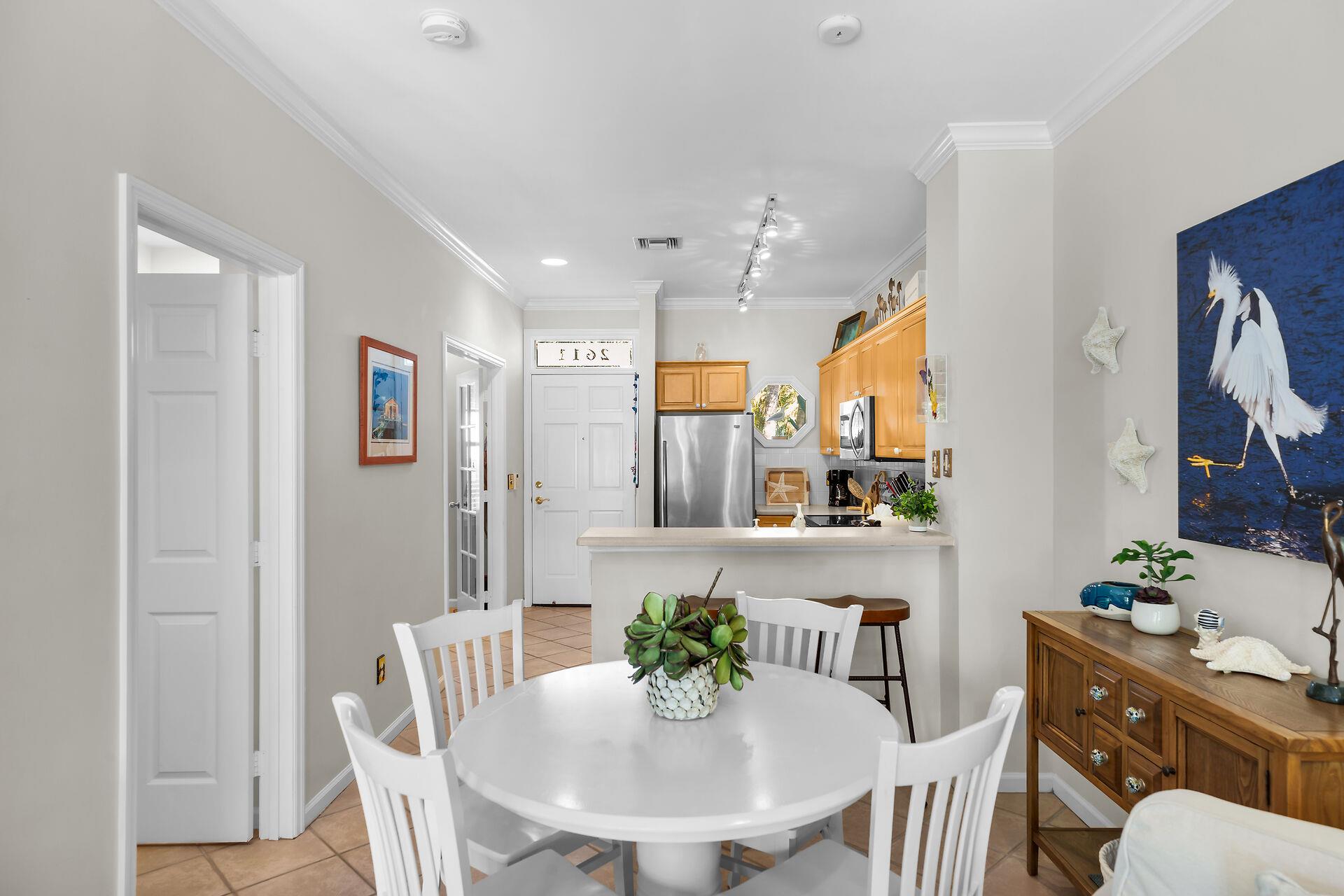 Dining table has seating for 4.