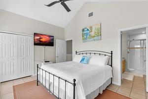 Vaulted ceiling, closet and TV in primary bedroom.