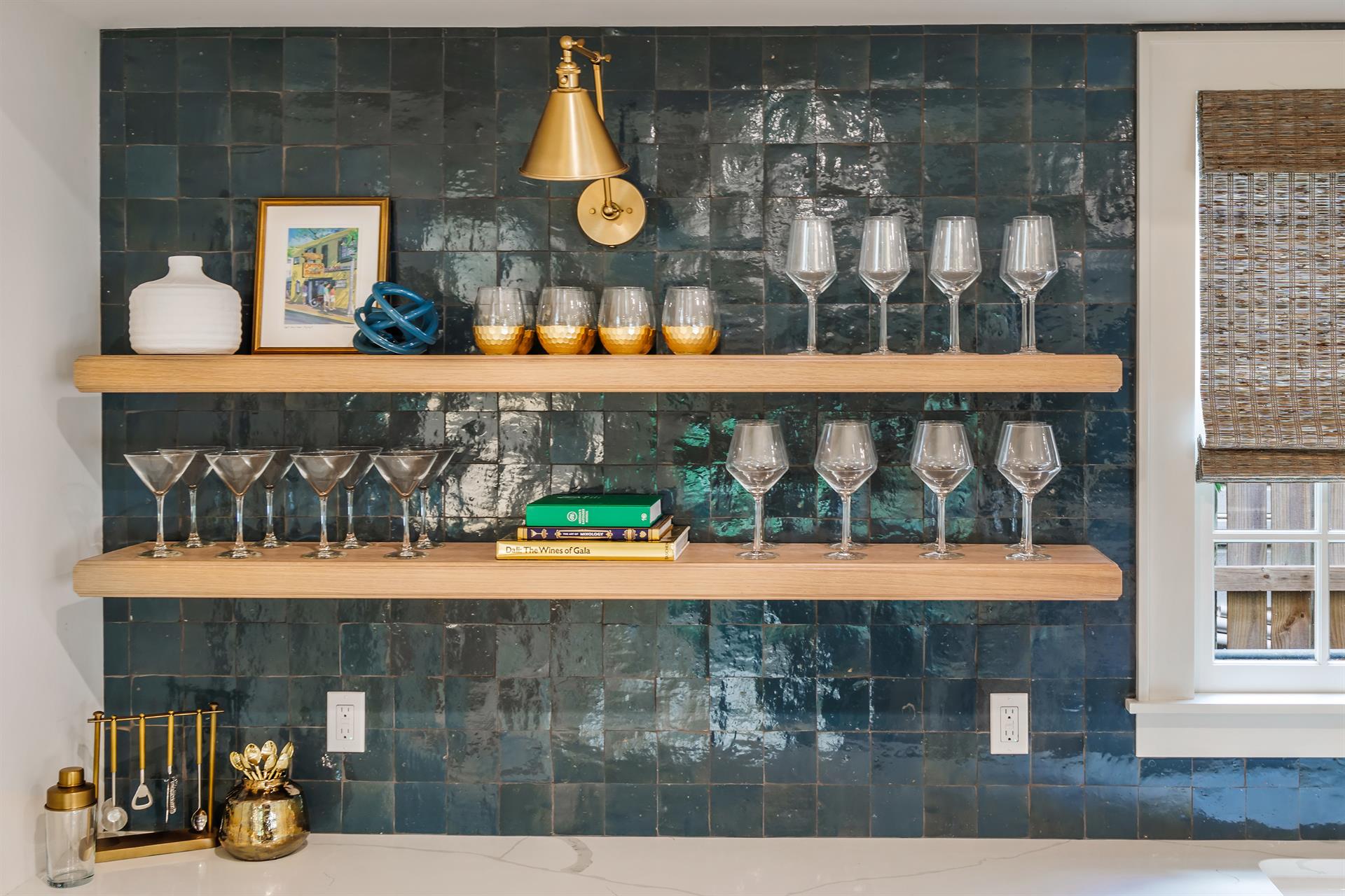 Spectacular wet bar with open shelving