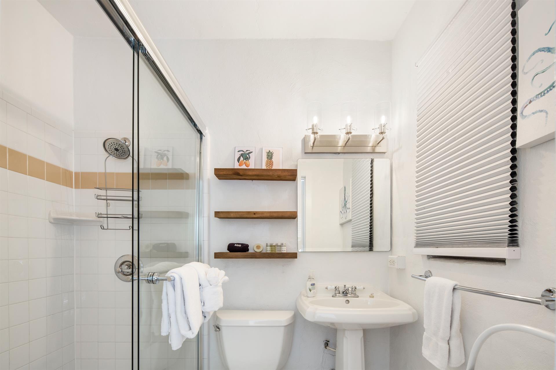 Walkin shower and pedestal sink in Casablanca Too