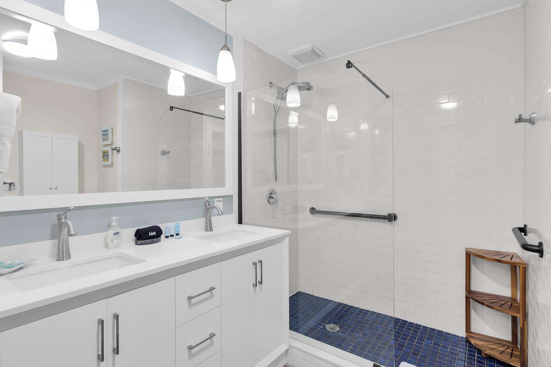 First floor bath with double sinks and walk in shower
