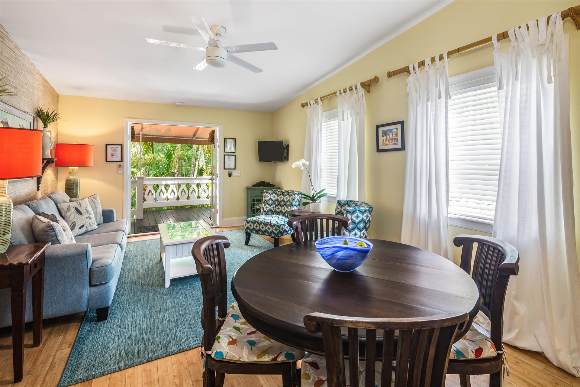 Eat in or on the covered balcony