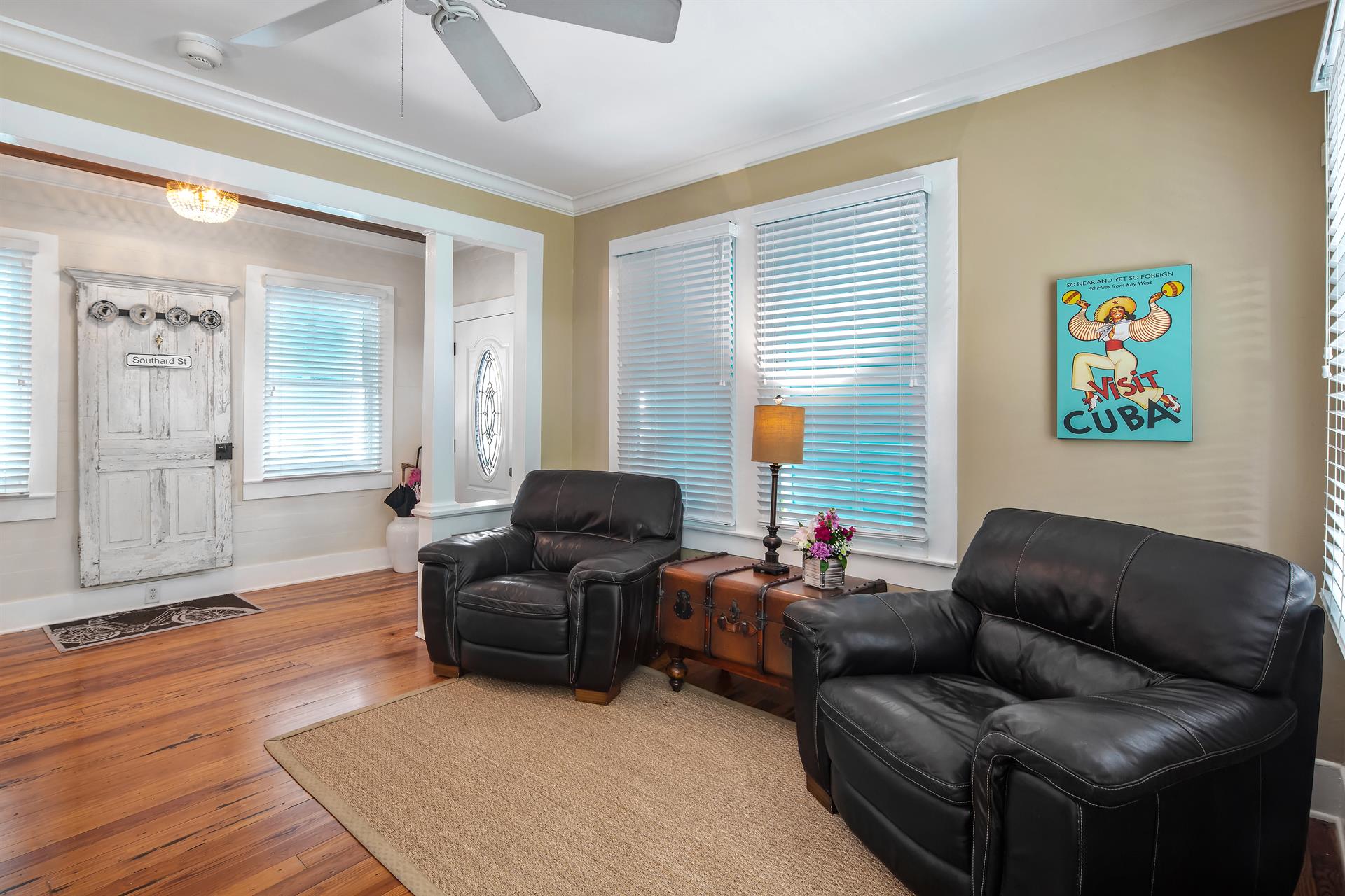 Plush leather seating near the rear of the living area