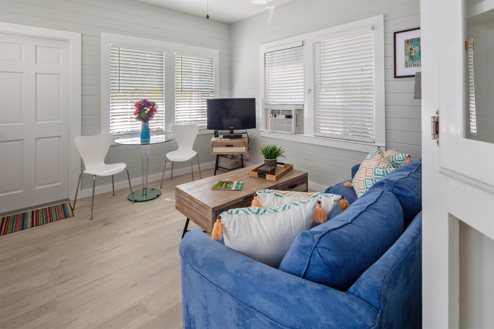 TV, window AC and ceiling fans in the living room.