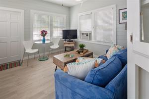 TV, window AC and ceiling fans in the living room.