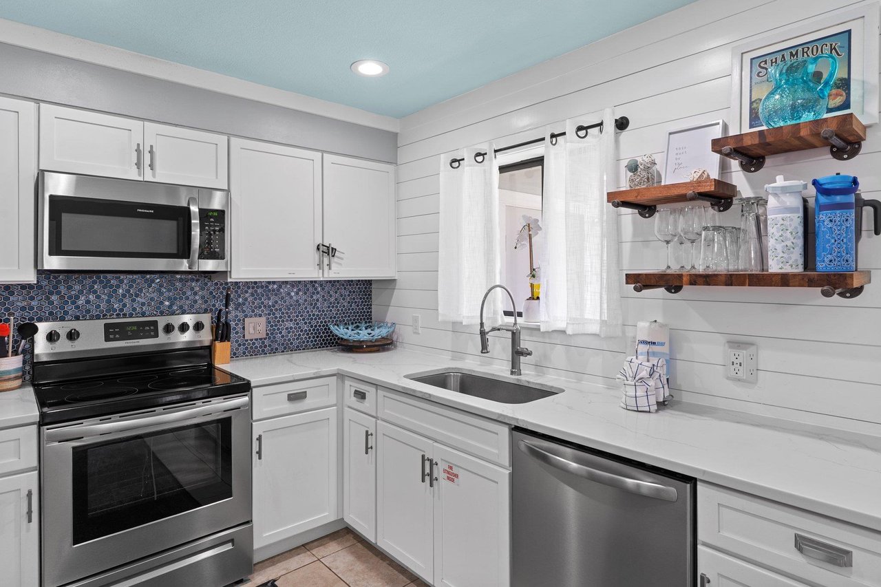 Kitchen 1st Floor with Floating Shelves and Ship Lap Walls
