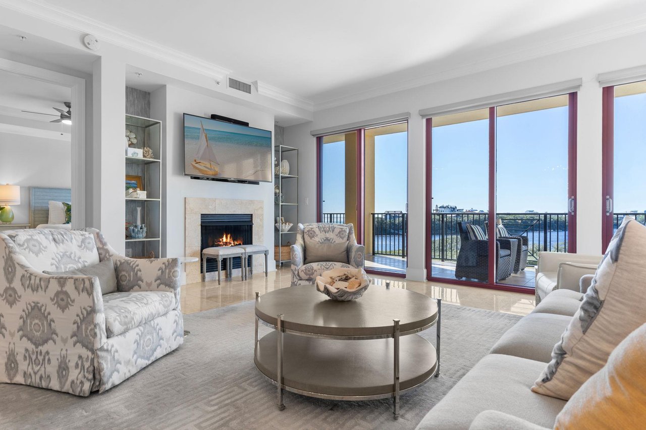 a living room with a fireplace