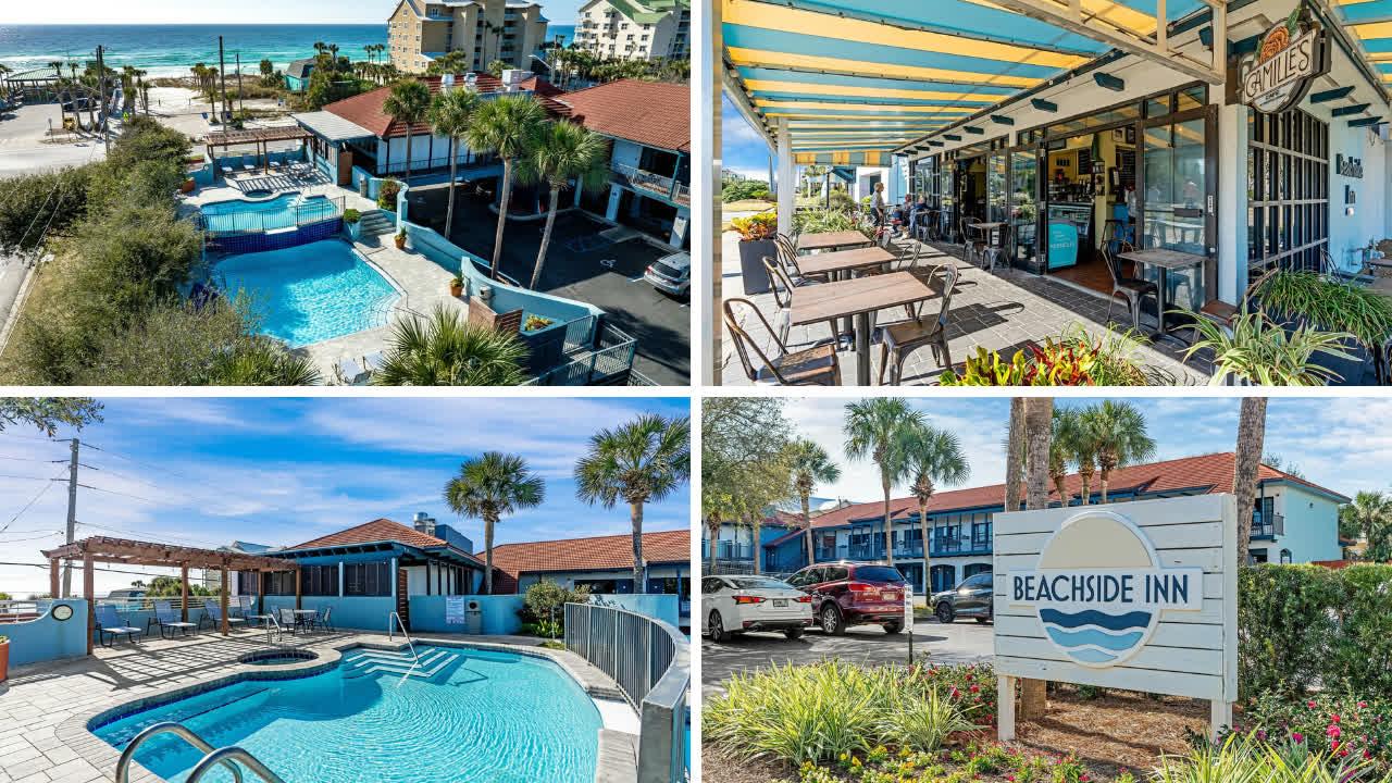 a collage of a pool and a building