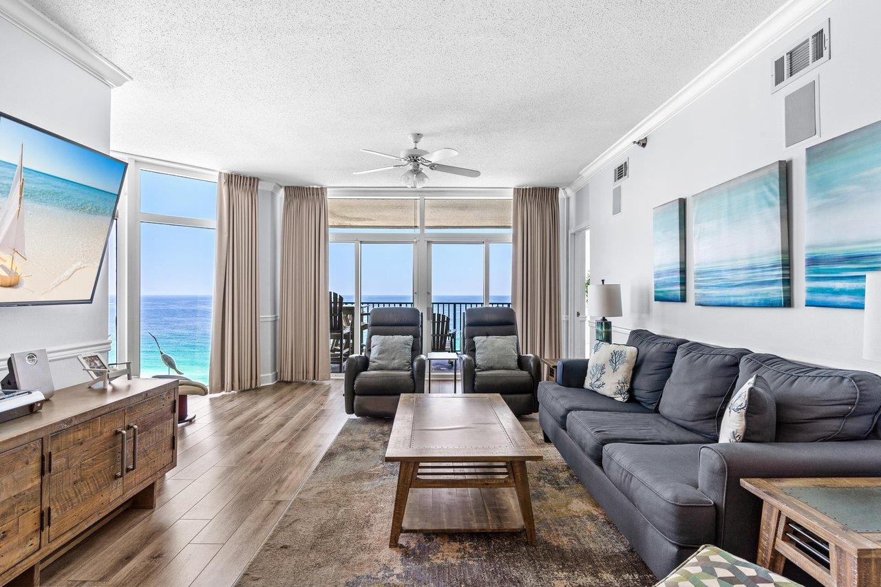 a living room with a large window