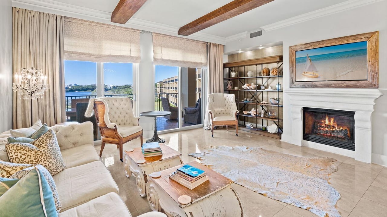 a living room with a fireplace