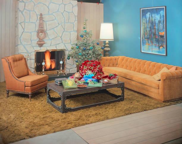a living room with a christmas tree