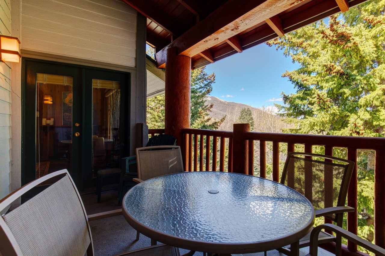 Snow Flower 29s deck with wooden railing, round table with 4 chairs, and evergreen trees and blue sky beyond.