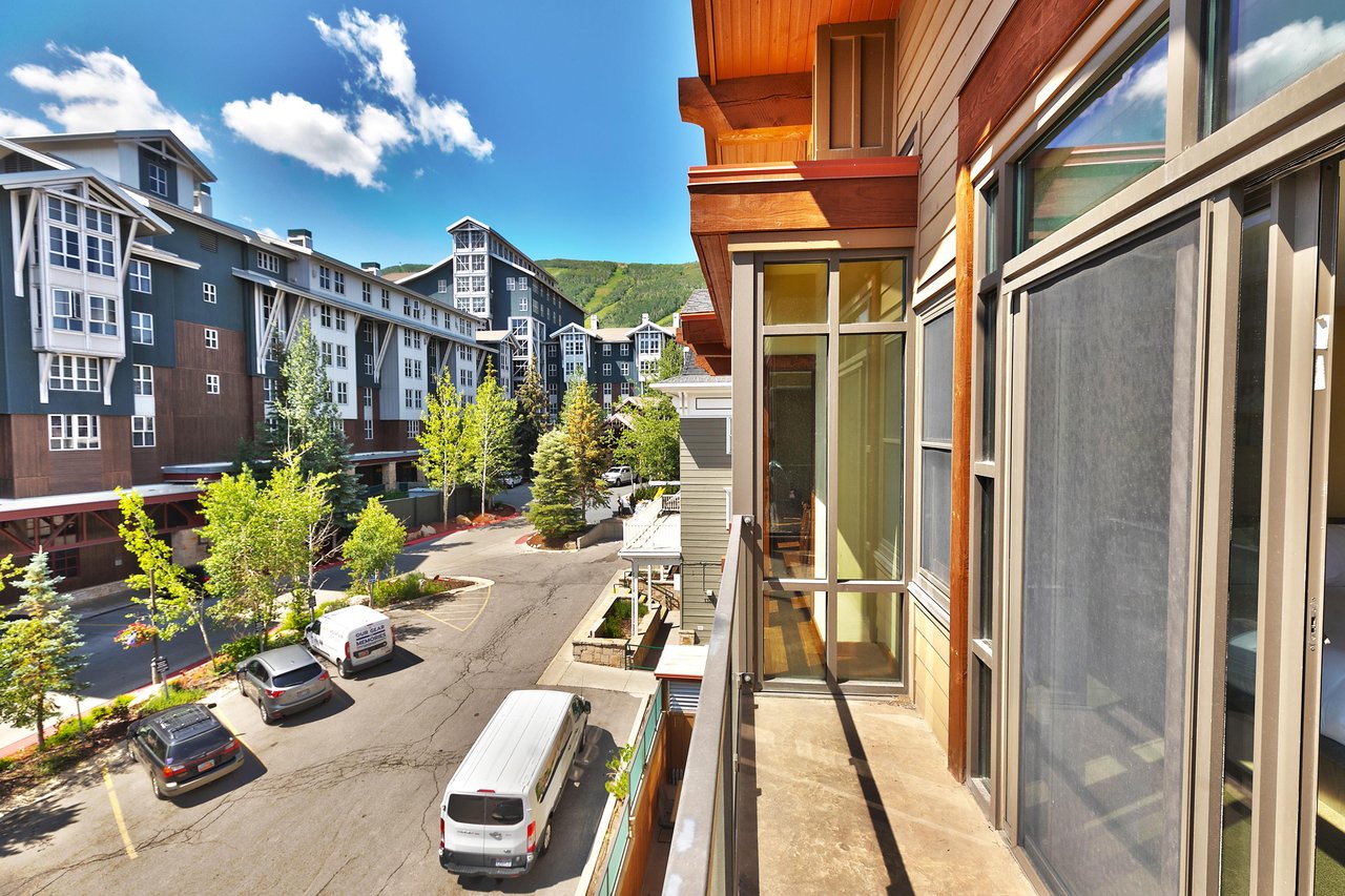 Views of the Park City plaza on a sunny summer day with green vibrant trees