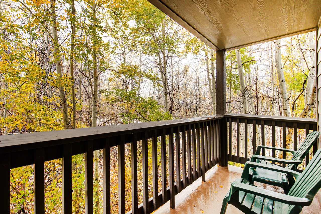 The private deck overlooking the forest in late fall.