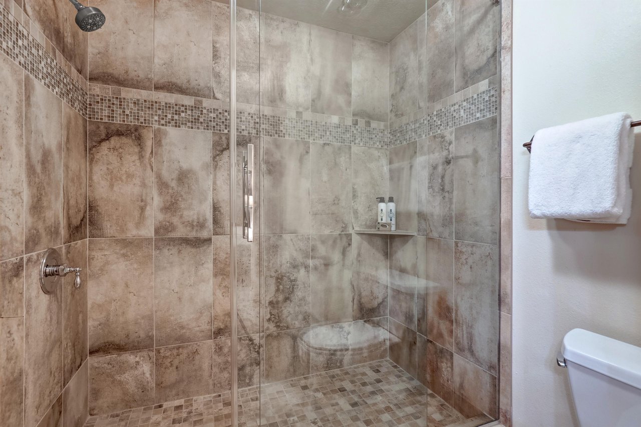 Walkin tiled shower with European glass door.