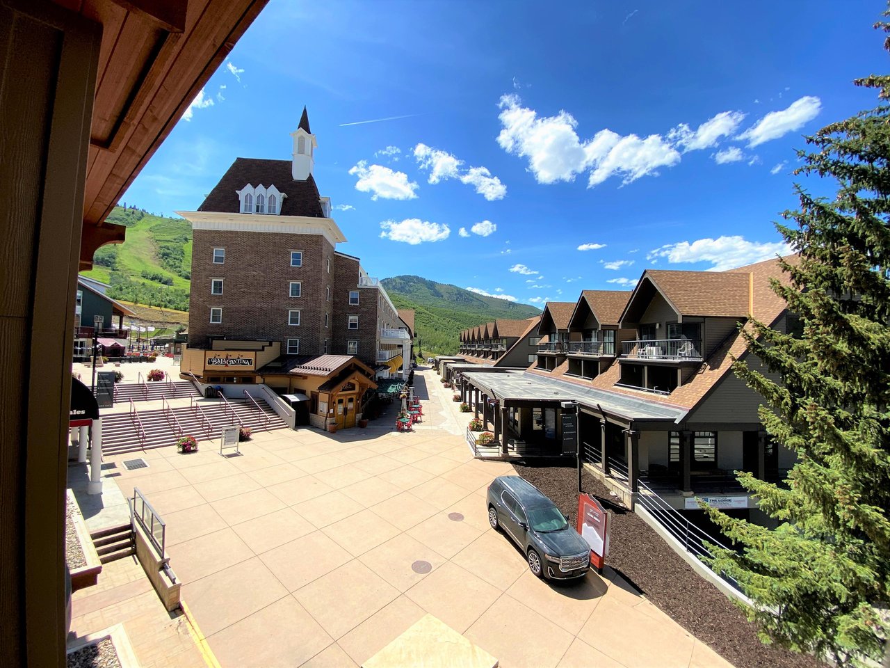 Resort plaza view on a beautiful sunny summer day in the Park City Mountain Resort Village.