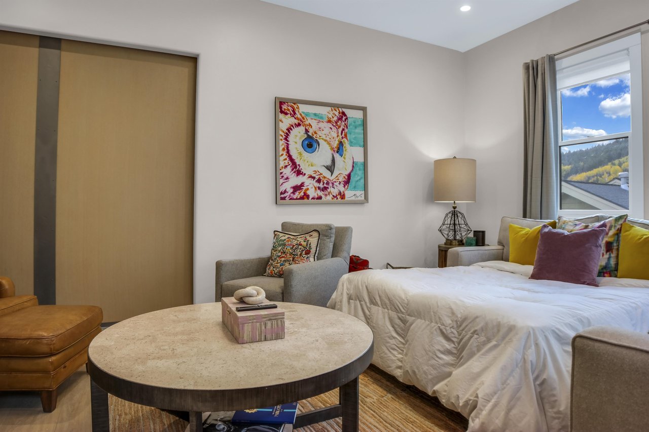 Sleeper sofa made into a queen sized bed with crisp white linens and colorful decor and barn door closure in the apres room.