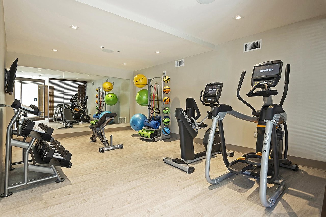 Lift fitness center, hardwood floors, elliptical, stationary bike, weight set, and fitness accessories
