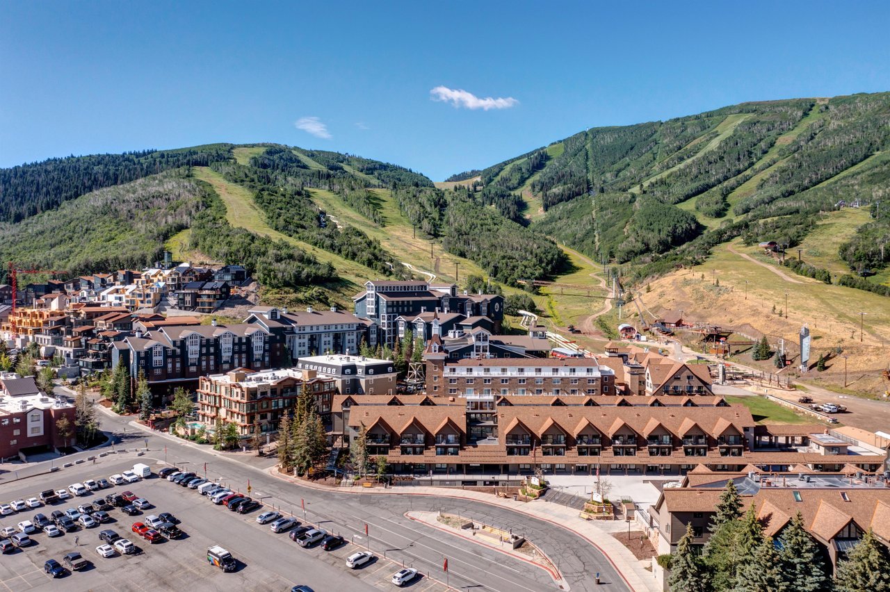 Aerial view Resort Plaza in the summertime with the close proximity to the slope side access at Park City Mountain Resort.