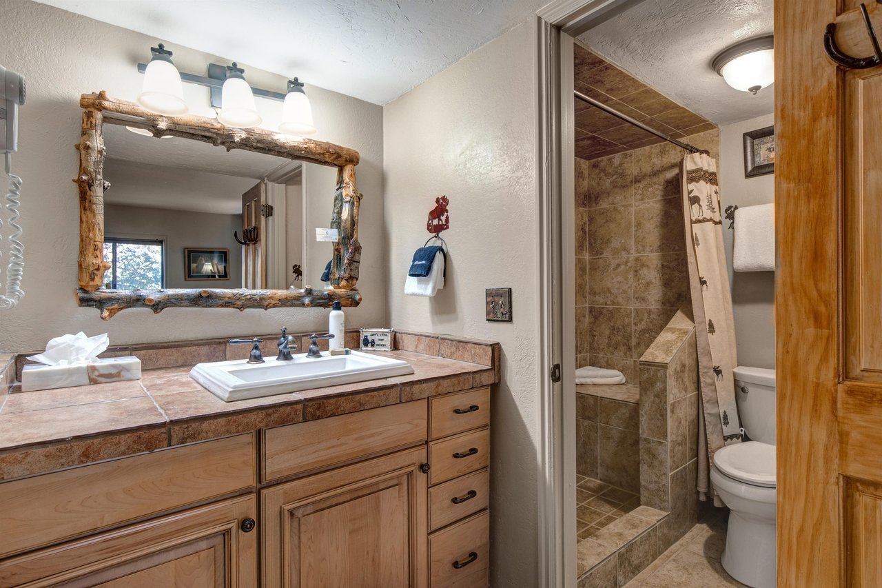 The en suite bathroom with a walk in shower and single sink vanity.
