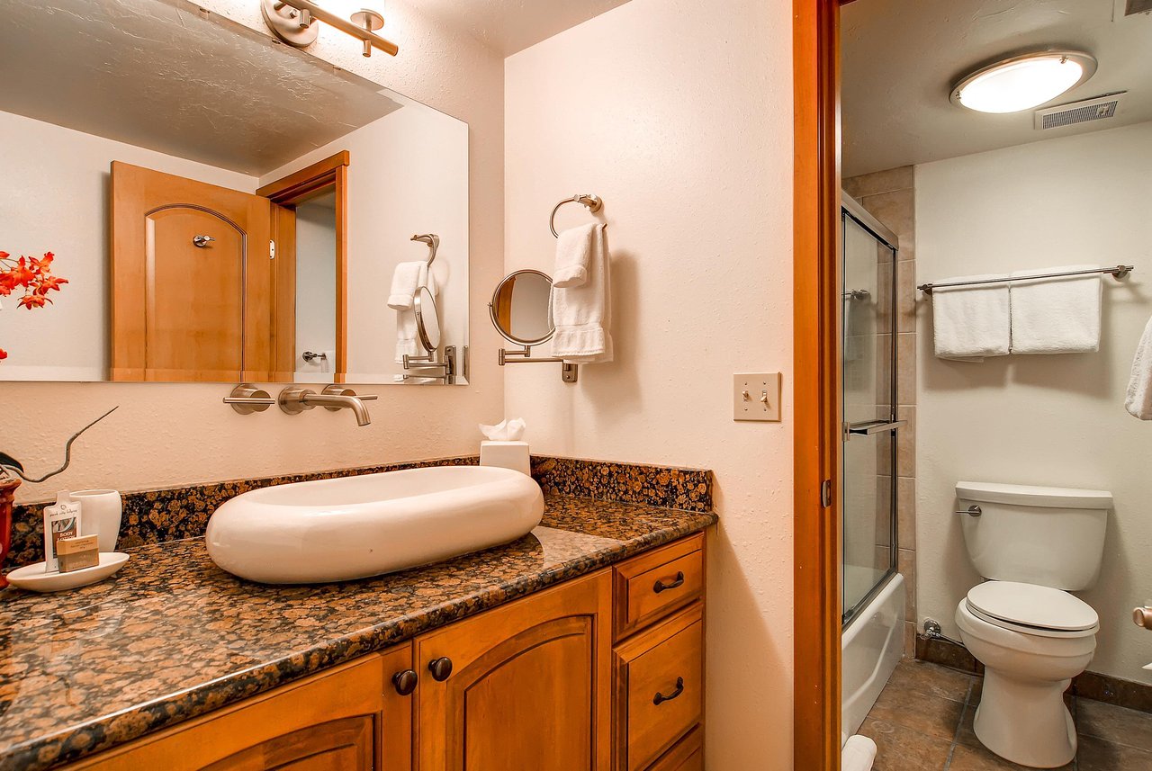 The en suite bathroom has a single sink vanity and separate water closet.