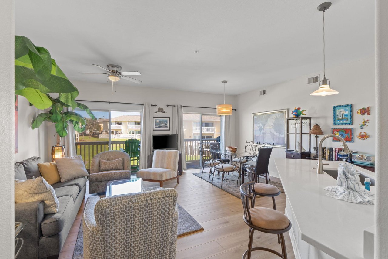Living room, kitchen bar and dining room