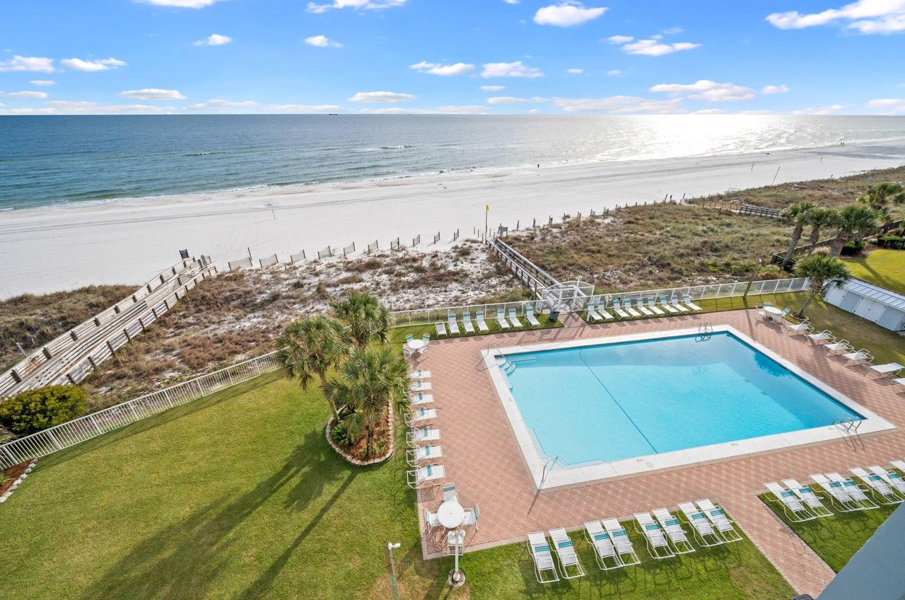Birds eye view of the pool deck at Sunswept Condominiums in Orange Beach Alabama