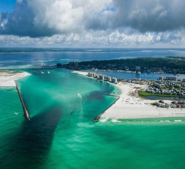 Aerial view of Destins East Pass by Jetty East Condominiums
