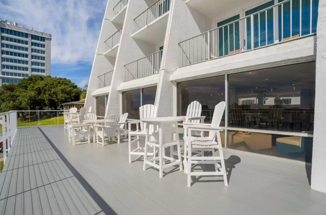 A patio set up for outdoor dining.
