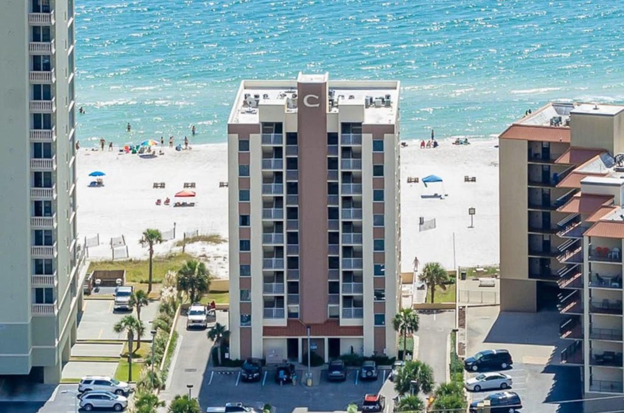 Birds eye view of Clearwater Condos with the Gulf in the background